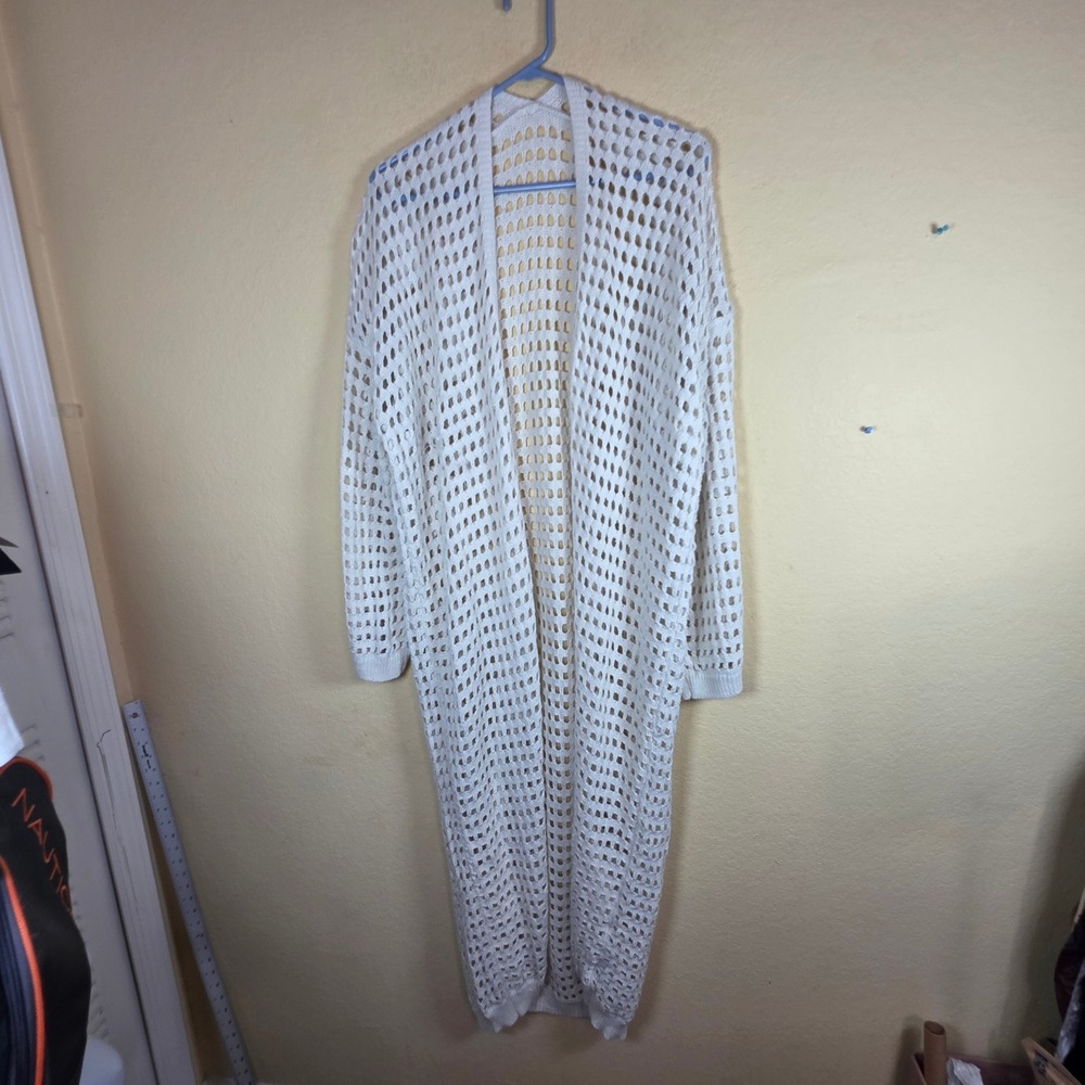 White Open Knit crochet coastal boho prarie Maxi Cardigan Duster Coverup XXL